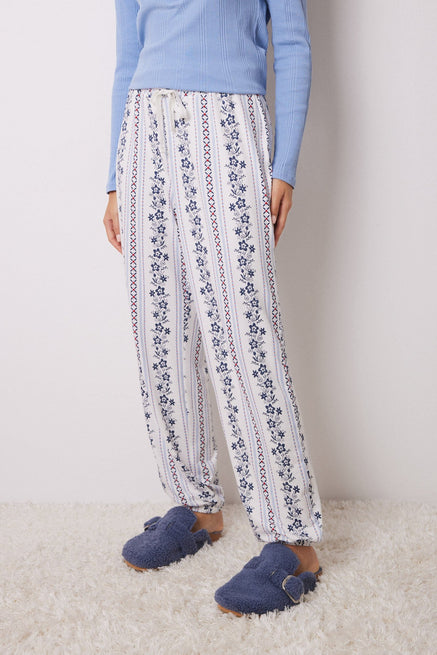 White Print Bottom,Striped Flower Pyjamas Pants,Women'secret