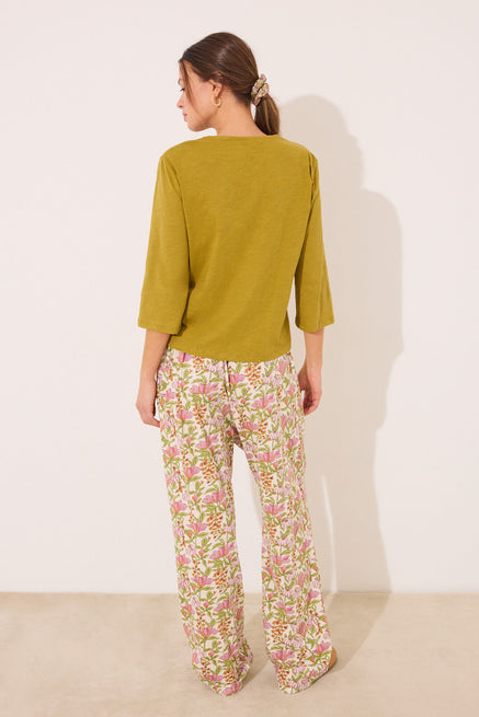 White Print Bottom,Long lounge trouser 100% cotton flowers,Women'secret