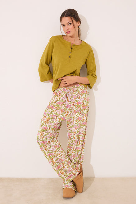 White Print Bottom,Long lounge trouser 100% cotton flowers,Women'secret