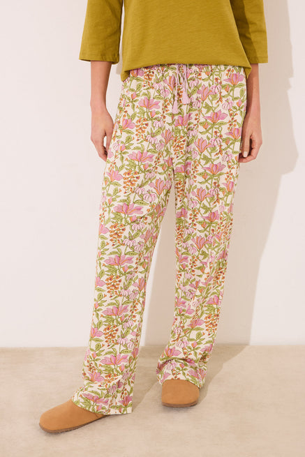 White Print Bottom,Long lounge trouser 100% cotton flowers,Women'secret